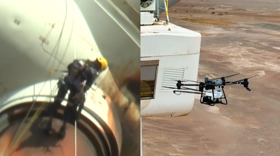Nettoyage des pales et des tours d'éoliennes avec des drones